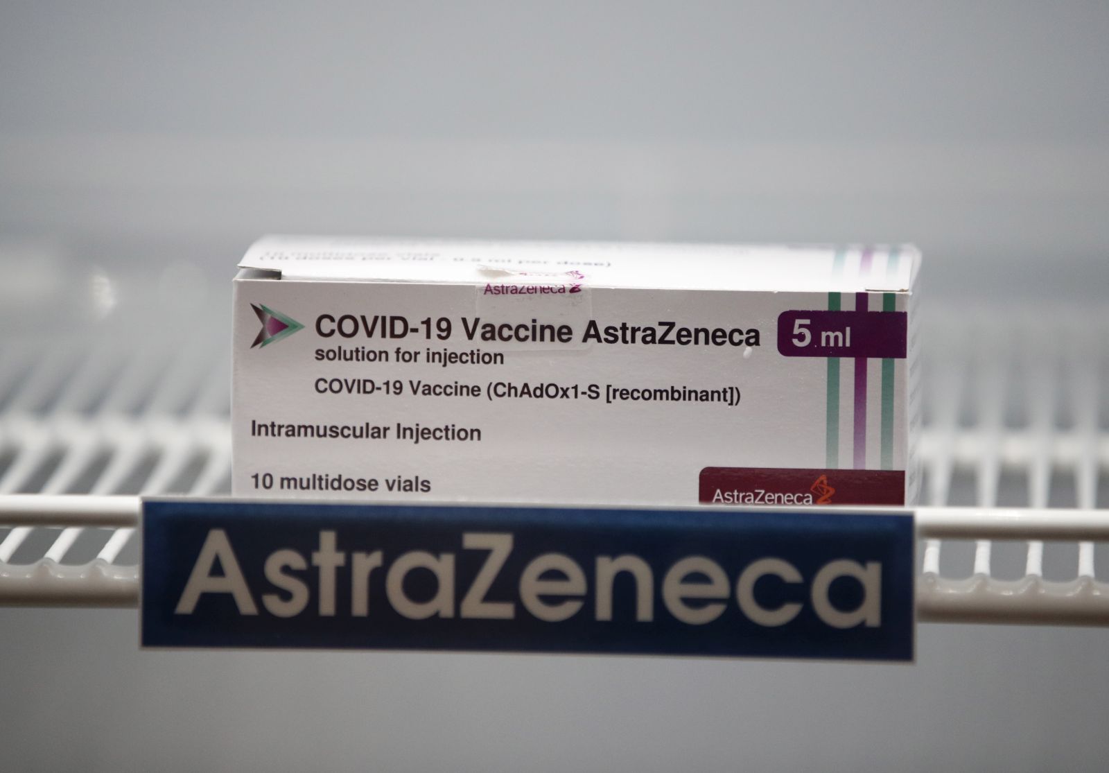 epa09069145 A box of vaccine against COVID-19 developed by AstraZeneca is displayed in storage inside a pharmaceutical refrigerator after the cancelation and postponement of the vaccinate event for the Prime Minister and cabinet ministers due to reports of side effect, at Bamrasnaradura Infectious Diseases Institute in Nonthaburi province, Thailand, 12 March 2021. Thai Prime Minister and his cabinet ministers abruptly postponed their vaccination against COVID-19 with AstraZeneca vaccine due to the reports on blood clots after inoculation.  EPA/RUNGROJ YONGRIT