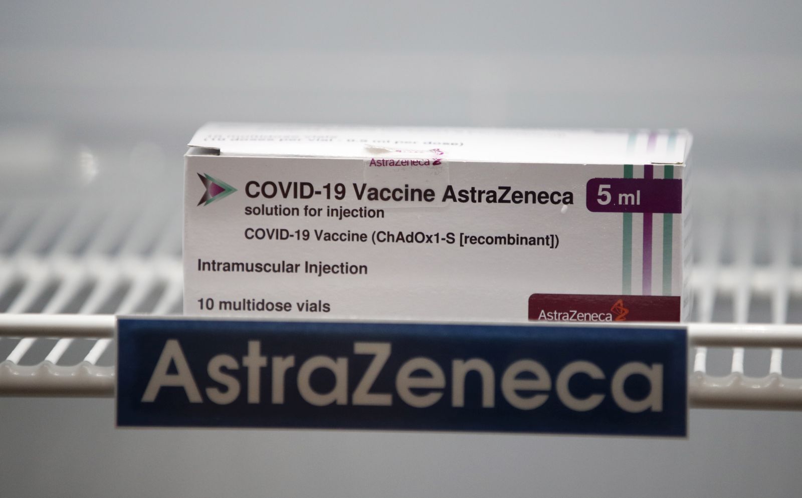 epa09069145 A box of vaccine against COVID-19 developed by AstraZeneca is displayed in storage inside a pharmaceutical refrigerator after the cancelation and postponement of the vaccinate event for the Prime Minister and cabinet ministers due to reports of side effect, at Bamrasnaradura Infectious Diseases Institute in Nonthaburi province, Thailand, 12 March 2021. Thai Prime Minister and his cabinet ministers abruptly postponed their vaccination against COVID-19 with AstraZeneca vaccine due to the reports on blood clots after inoculation.  EPA/RUNGROJ YONGRIT
