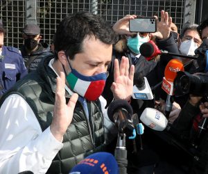 epa09071497 Lega Nord (Northern League) leader Matteo Salvini meets the press before visiting the hospital set up inside one of the pavilions of Fiera Milano City, in Milan, Italy, 13 March 2021. Most of Italy is expected to be a COVID-19 red zone next week, due to a sharp rise in contagion and new rules the government is expected to apply on how to classify regions in the nation's tiered system of coronavirus-linked restrictions.  EPA/MATTEO BAZZI