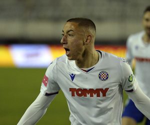 Split,20.03.2021 - Utakmica 26. kola Prve HNL Hajduk - Šibenik. Na slici Marin Ljubicic slavi pogodak.
foto HINA/ Mario STRMOTIC/ ms