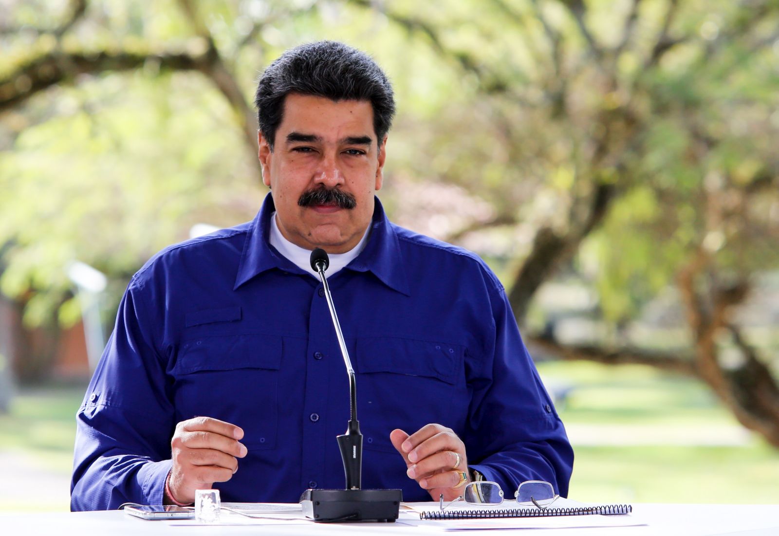 epa09089009 A handout photo made available by the Miraflores press shows the President of Venezuela Nicolas Maduro, while giving a statement, in Caracas, Venezuela, 21 March 2021. Maduro, announced on 21 March a set of restrictive measures to tighten the national quarantine, in view of the increase in covid-19 infections in the Caribbean country, which has been described by the Executive as a 'second wave' of contagions.  EPA/Miraflores Press HANDOUT (MANDATORY CREDIT) HANDOUT EDITORIAL USE ONLY/NO SALES