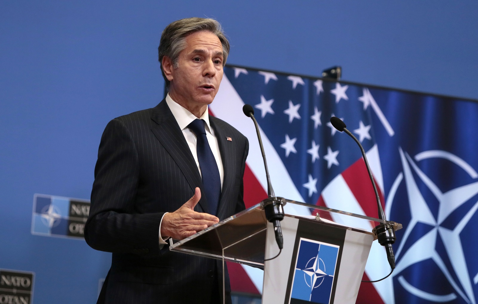 epa09093330 US Secretary of State Antony Blinken speaks during a press briefing at the end of a NATO Foreign Ministers' meeting at the Alliance's headquarters in Brussels, Belgium, 24 March 2021. The foreign ministers met in person for the first time in more than a year as they preparing for an upcoming summit by discussing a set of proposals to reform the military alliance.  EPA/VIRGINIA MAYO / POOL