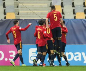 epa09094392 Player of Spain celebrate scoring a goal during the UEFA European Under-21 Championship match between Slovenia and Spain in Maribor, Slovenia, 24 March 2021.  EPA/SANDI FISER