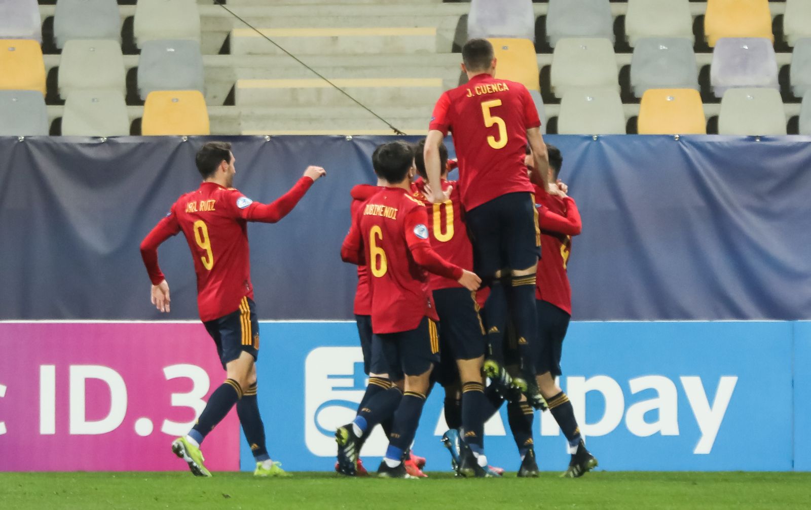 epa09094392 Player of Spain celebrate scoring a goal during the UEFA European Under-21 Championship match between Slovenia and Spain in Maribor, Slovenia, 24 March 2021.  EPA/SANDI FISER