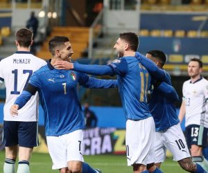 epa09097589 Italy's Domenico Berardi (C) celebrates with his teammates after scoring a goal during the FIFA World Cup Qatar 2022 qualification round one soccer match Italy vs  Northern Ireland at Ennio Tardini stadium in Parma, Italy, 25 March 2021.  EPA/ELISABETTA BARACCHI