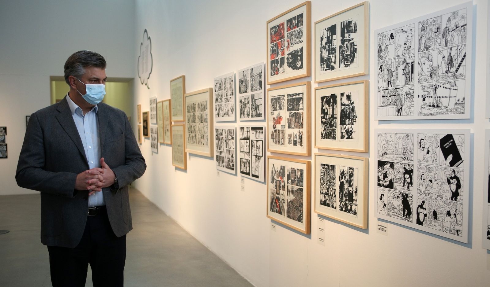 13.03.2021,Zagreb - Predsjednik Vlade RH Andrej Plenkovic posjetio je u Muzeju suvremene umjetnosti izlozbu Nastaviti ce se...Strip i vizualna kultura u Hrvatskoj nakon cega je dao izjavu za novinare. Photo: Zeljko Hladika/PIXSELL