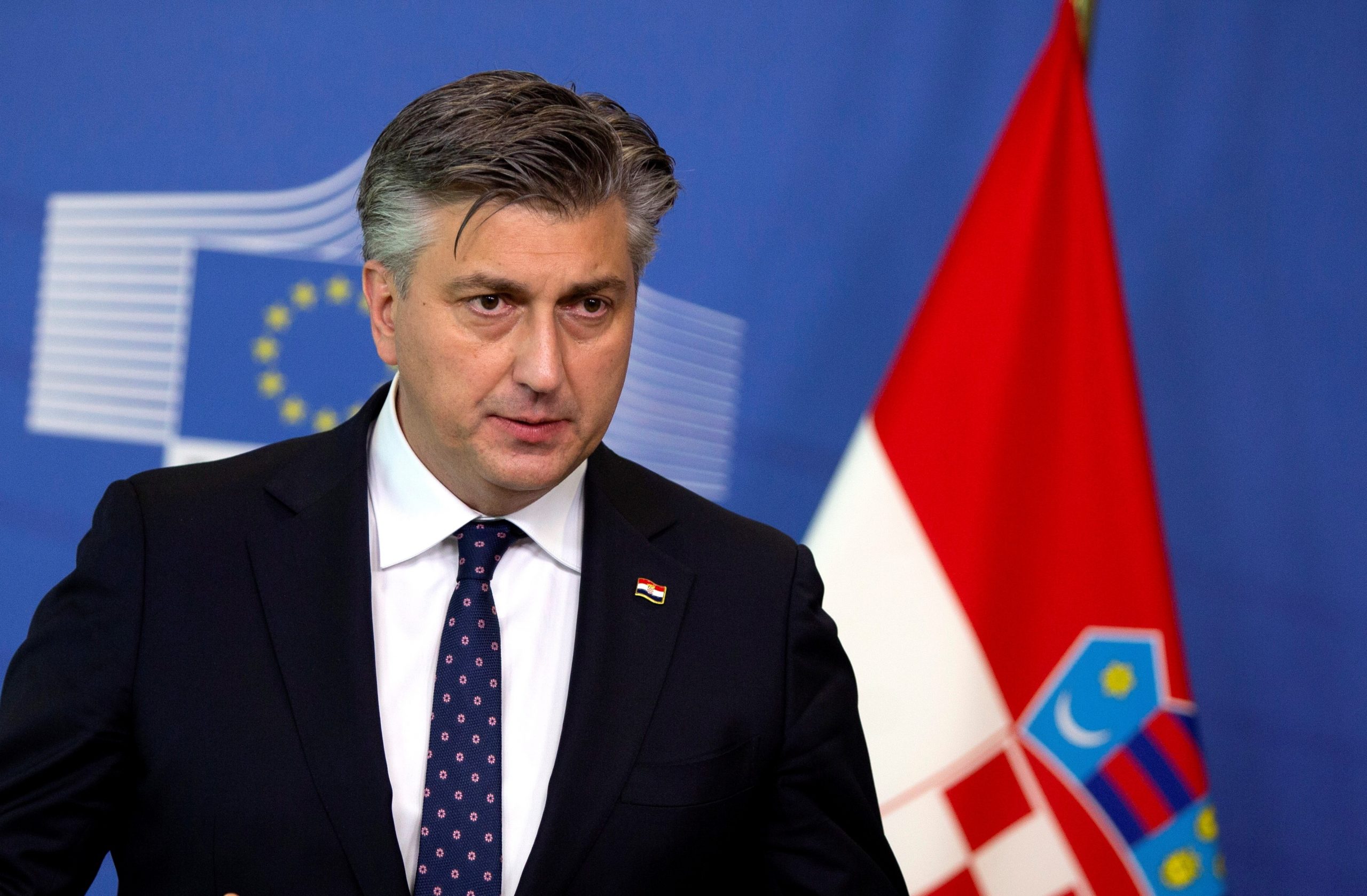 European Commission VP Dombrovskis and Croatian PM Plenkovic hold a news conference, in Brussels Croatia's Prime Minister Andrej Plenkovic gestures as he speaks during a news conference, at the EU headquarters in Brussels, Belgium March 12, 2021. Virginia Mayo/Pool via REUTERS POOL