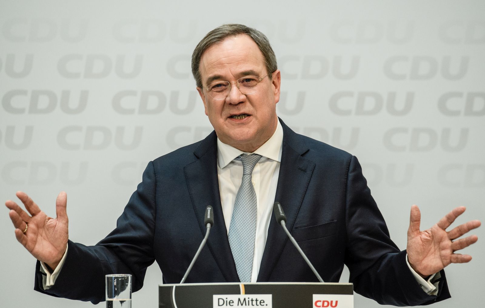 epa09076203 Christian Democratic Union (CDU) party chairman Armin Laschet speaks to media at the Konrad-Adenauer-Haus house, the CDU headquarters, in Berlin, Germany, 15 March 2021. Top candidates of the Christian Democratic Union registered losses in votes during regional state elections in regional states Baden-Wuerttemberg and Rhineland-Palatinate. In Rhineland-Palatinate, the CDU achieved their historically worst result.  EPA/CLEMENS BILAN / POOL