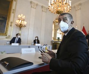 epa09077737 Czech Prime Minister Andrej Babis (C) ahead of a working meeting on the Covid-19 vaccine distribution in the EU at the Austrian Chancellery in Vienna, Austria, 16 March 2021. Latvian Prime Minister Arturs Krisjanis Karins and Croatia's Prime Minister Andrej Plenkovic participate in the working meeting via video conference.  EPA/CHRISTIAN BRUNA