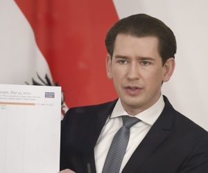 epa09077915 Austrian Chancellor Sebastian Kurz during a press conference followinga working meeting on vaccine distribution in the EU at the Austrian Chancellery, in Vienna, Austria, 16 March 2021. Latvian Prime Minister Arturs Krisjanis Karins and Croatia's Prime Minister Andrej Plenkovic participate in this working meeting via video conference.  EPA/CHRISTIAN BRUNA