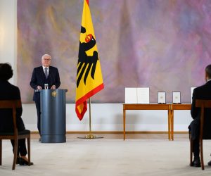 epa09083512 German President Frank-Walter Steinmeier (2-L) awards Ugur Sahin (R) and his wife Oezlem Tuereci (L), founders of the vaccine developer BioNTech, the Grand Cross of Merit with Star of the Order of Merit of the Federal Republic of Germany, at Bellevue Palace in Berlin, Germany, 19 March 2021. The couple is being honored for their tireless efforts in the field of mRNA technology research. Within a very short time, they succeeded in developing and obtaining approval for a vaccine against Covid-19, thus making a decisive contribution to containing the pandemic.  EPA/Bernd von Jutrczenka / POOL
