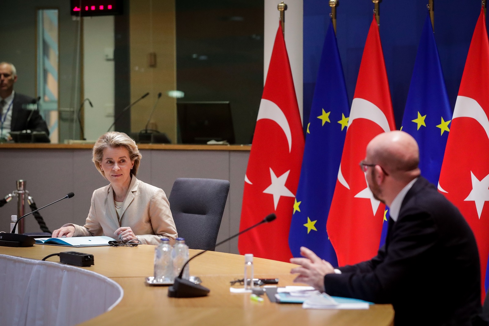 epa09083726 EU Council President Charles Michel (R) and EU Commission President Ursula von der Leyen (L) hold a video call with Turkey's President Recep Tayyip Erdogan (not seen) in Brussels, Belgium, 19 March 2021. The EU and Turkey are looking to improve their relations after tensions peaked in 2020 over maritime claims in the eastern Mediterranean.  EPA/STEPHANIE LECOCQ / POOL