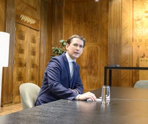 epa09096166 Austrian Chancellor Sebastian Kurz attends a video conference with EU leaders during a virtual EU summit, in Vienna, Austria, 25 March 2021.  EPA/CHRISTIAN BRUNA