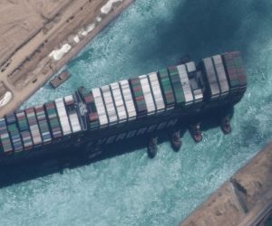 epa09105214 A handout satellite image made available by MAXAR Technologies shows , the Ever Given container ship after it has been moved away from the eastern bank of the canal and tugboats trying to reposition the ship, in the Suez Canal, Egypt, 29 March 2021. The head of the Suez Canal Authority announced on 29 March that the large container ship, which ran aground in the Suez Canal on 23 March, is now free floating after responding to the pulling maneuvers.  EPA/MAXAR TECHNOLOGIES HANDOUT MANDATORY CREDIT: SATELLITE IMAGE 2020 MAXAR TECHNOLOGIES -- the watermark may not be removed/cropped -- HANDOUT EDITORIAL USE ONLY/NO SALES HANDOUT EDITORIAL USE ONLY/NO SALES