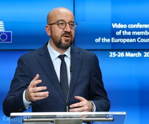 epa09097938 European Council President Charles Michel speaks during a joint press conference with the European Commission President Ursula von der Leyen (not pictured) at the end of the first day of a European Union (EU) summit over video conference at The European Council Building in Brussels, Belgium, 25 March 2021. A looming third wave of coronavirus and Europe's struggles to mount a vaccination drive is to dominate the EU video summit, despite a welcome guest appearance by the US President.  EPA/ARIS OIKONOMOU / POOL