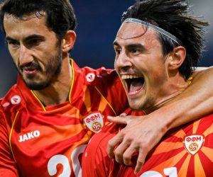 epaselect epa09109559 North Macedonia's Eljif Elmas (R) celebrates next to North Macedonia's Stefan Spirovski (L) after scoring the 2-1 winning goal during the FIFA World Cup 2022 qualifying soccer match between Germany and North Macedonia in Duisburg, Germany, 31 March 2021.  EPA/SASCHA STEINBACH