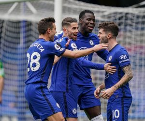 epa09112971 Christian Pulisic (R) of Chelsea celebrates with teammates after scoring a goal during the English Premier League soccer match between Chelsea FC and West Bromwich Albion in London, Britain, 03 April 2021.  EPA/John Walton / POOL EDITORIAL USE ONLY. No use with unauthorized audio, video, data, fixture lists, club/league logos or 'live' services. Online in-match use limited to 120 images, no video emulation. No use in betting, games or single club/league/player publications.