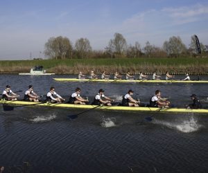 epa09115734 The Oxford (front) and Cambridge (back) crews in action during the 166th Men's Boat Race between the universities of Oxford and Cambridge in Ely, Britain, 04 April 2021. It is the 75th edition of the women's race and the 166th of the men's contest. The race is not taking place on its traditional course on the River Thames but on a section of the River Great Ouse in Ely.  EPA/Ian Walton / POOL
