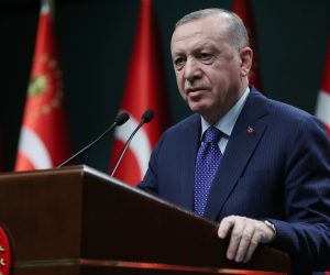 epa09117564 A handout picture provided by the Turkish President Press office shows, Turkish President Recep Tayyip Erdogan speaks to the media after an evaluation meeting at the Presidential Palace in Ankara, Turkey, 05 April 2021. President Erdogan told that for the letter of 104 former admirals over the weekend urging him to abide by the terms of the 1936 Montreux Convention, 'We cannot call this freedom of expression. Freedom of expression does not include sentences that threaten the elected government with a coup'.  EPA/TURKISH PRESIDENT PRESS OFFICE HANDOUT  HANDOUT EDITORIAL USE ONLY/NO SALES