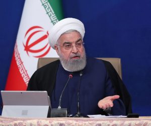 epa09120029 A handout photo made available by the Iranian Presidential Office shows Iranian President Hassan Rouhani speaking during a cabinet meeting in Tehran, Iran, 07 April 2021.  EPA/Iranian Presidential Office HANDOUT  HANDOUT EDITORIAL USE ONLY/NO SALES