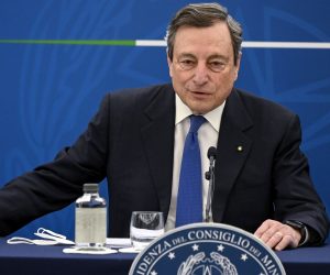 epa09122710 Italian Prime Minister Mario Draghi attends a press conference on plan to fight Coronavirus Covid-19 pandemic, Rome, Italy, 08 April 2021.  EPA/RICCARDO ANTIMIANI