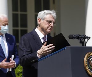 epa09122825 US Attorney General Merrick Garland delivers remarks on gun violence prevention in the Rose Garden of the White House in Washington, DC, USA, on 08 April 2021.  EPA/Yuri Gripas / POOL