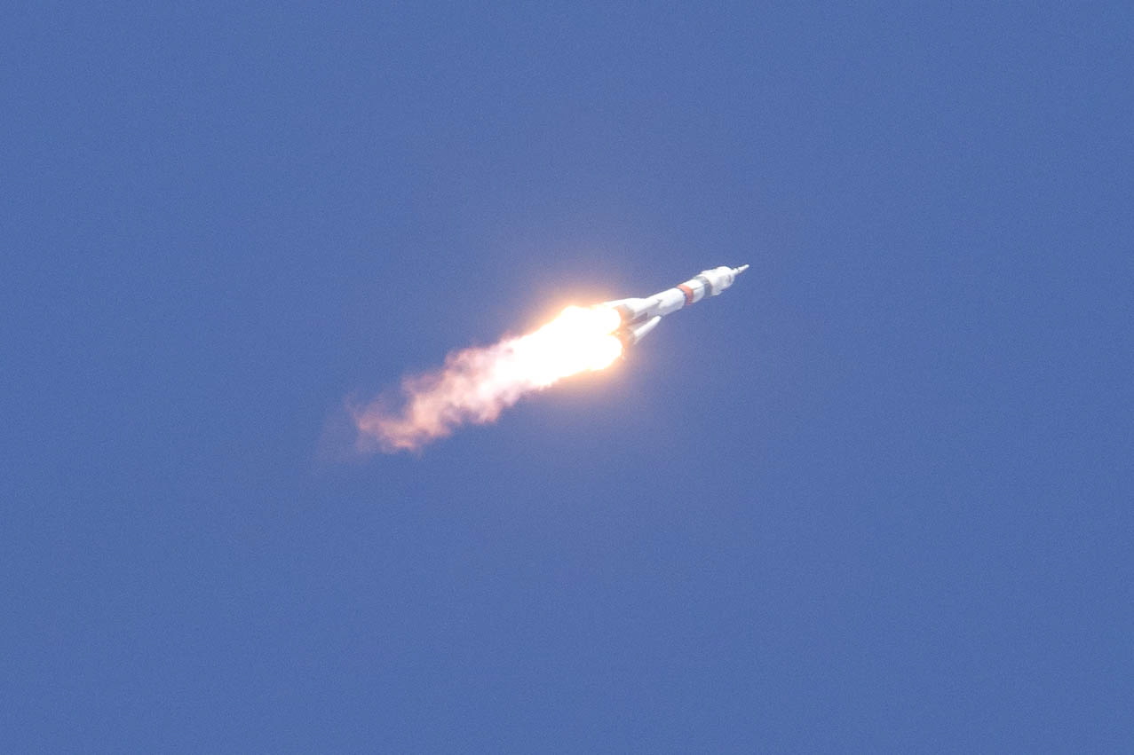 epa09124364 A handout photo made available by the official website of the Russian State Space Corporation ROSCOSMOS shows the Soyuz-2.1a carrier rocket with Soyuz MS-18 spacecraft carrying aboard the International Space Station (ISS) expedition 65 crew members astronaut Mark Vande Hei of NASA and cosmonauts Pyotr Dubrov and Oleg Novitskiy of Roscosmos, blasts off from the launchpad at the Baikonur cosmodrome in Kazakhstan, 09 April 2021.  EPA/SPEKTOR IRINA/GCTC/ROSCOSMOS HANDOUT HANDOUT  MANDATORY CREDIT /BEST QUALITY  AVAILABLE HANDOUT EDITORIAL USE ONLY/NO SALES