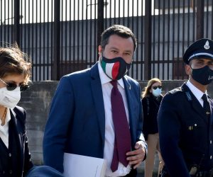 epa09126053 Italy's League Party leader and former Italian Interior Minister Matteo Salvini (C), flanked by his lawyer Giulia Bongiorno (L), arrives at the bunker hall room of the Bicocca prison for a preliminary hearing on the Gregoretti case, in Catania, Italy, 10 April 2021. Salvini is accused of kidnapping after he delayed the disembarkation of 131 migrants on Italian shores in July 2019.  EPA/ORIETTA SCARDINO