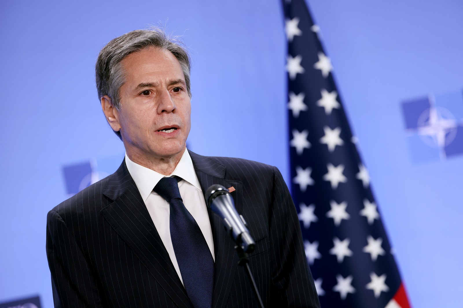 epa09134483 US Secretary of State Antony Blinken speaks during a press conference with transatlantic alliance NATO's chief at NATO's headquarters in Brussels, Belgium, 14April 2021. Foreign ministers of the US, Britain, France and Germany hold talks on Afghanistan, after the United States announced the withdrawal of all its troops from the country by September 11.  EPA/KENZO TRIBOUILLARD / POOL