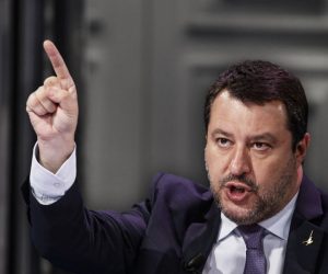 epa09135403 League party leader Matteo Salvini during the broadcast of TV talk show 'Porta a Porta', in Rome, Italy, 14 April 2021. Salvini said his party was demanding from the government to reopen restaurants.  EPA/FABIO FRUSTACI