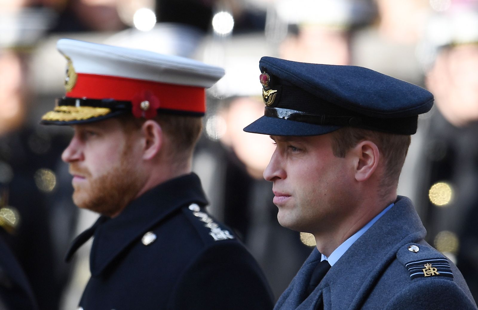epa09139898 (FILE) - Britain's Prince Harry (L) and Prince William (R) stand at the Cenotaph on Whitehall during the Remembrance Sunday day service in London, Britain, 10 November 2019 (reissued 16 April 2021). According to the Buckingham Palace, the Dukes of Cambridge and Sussex will not walk next to each other and won't wear military uniforms during their grandfather's funeral. Britain's Prince Philip, the Duke of Edinburgh, has died on 09 April 2021 aged 99 and his funeral will take place in Windsor on 17 April.  EPA/ANDY RAIN