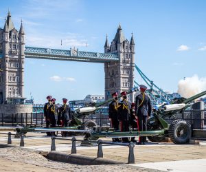 epa09141639 A handout photo made available by the British Ministry of defense shows a single round of a gun salute that was fired at 1500, followed by a single round at 1501 to begin and end the National Minute Silence immediately before the funeral service of Britain's Prince Philip, The Duke of Edinburgh, at The Tower of London in London, Britain, 17 April 2021. The Armed Forces conducted a Ceremonial Gun Fire at nine locations to begin and end the National Minute Silence immediately before the funeral service.  Britain's Prince Philip, the Duke of Edinburgh, has died on 09 April 2021 aged 99 and his funeral will take place in Windsor on 17 April.  EPA/CPL ED WRIGHT / RAF / HANDOUT MANDATORY CREDIT HANDOUT EDITORIAL USE ONLY/NO SALES