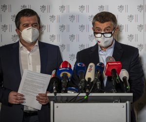 epa09142043 Czech Foreign Minister Jan Hamacek (L) and Czech Prime Minister Andrej Babis (R) address a joint press conference, at the Czernin Palace in Prague, Czech Republic, 17 April 2021. According to the findings of the Czech security forces, there is reasonable suspicion that members of the Russian secret service GRU were involved in the explosion of the ammunition complex in Vrbetice in 2014, said Prime Minister Babis. Foreign Minister Jan Hamacek expelled all diplomats who were identified as members of the Russian secret services GRU and SVR. In all 18 people. They have 48 hours to leave the Czech Republic.  EPA/MARTIN DIVISEK