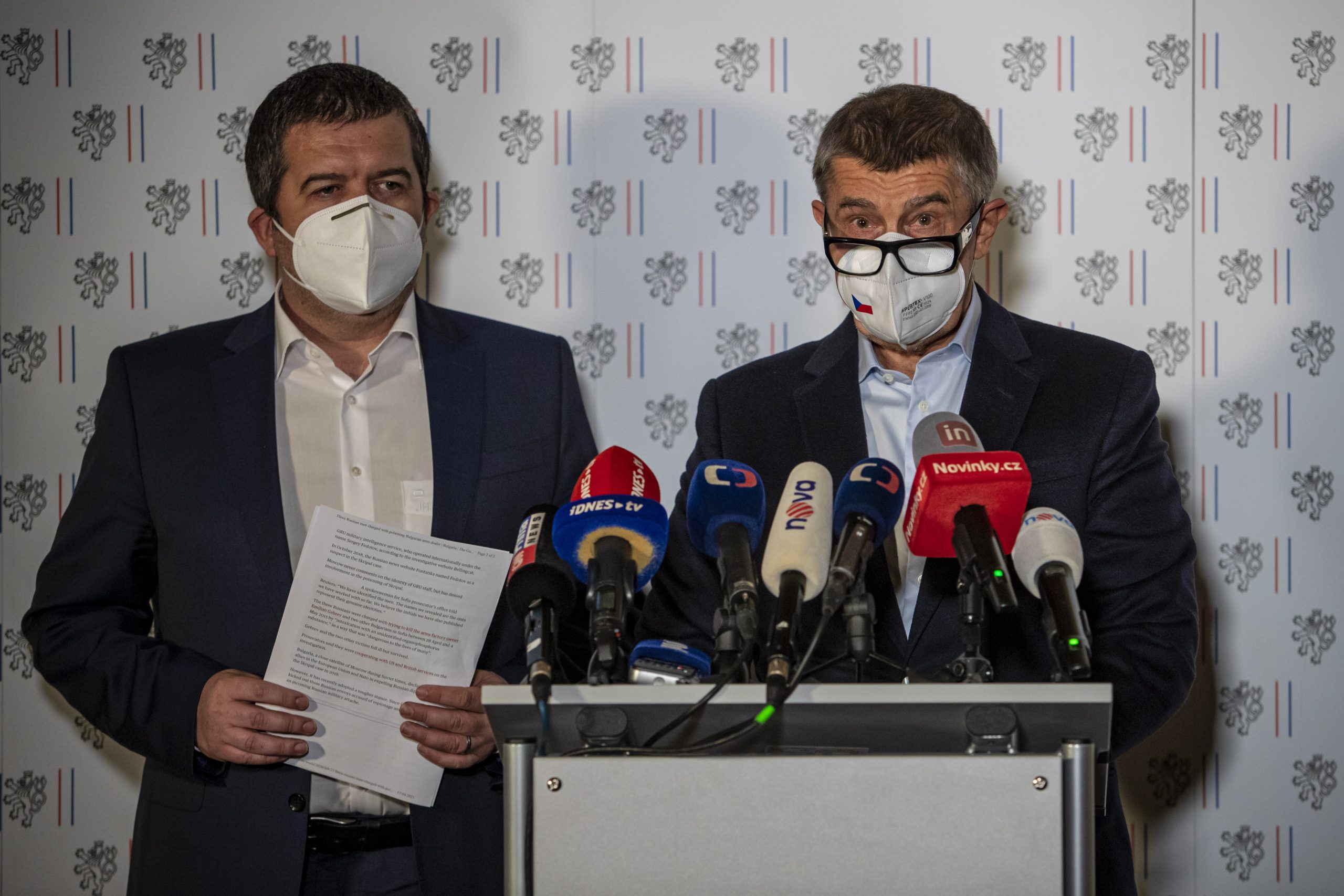 epa09142043 Czech Foreign Minister Jan Hamacek (L) and Czech Prime Minister Andrej Babis (R) address a joint press conference, at the Czernin Palace in Prague, Czech Republic, 17 April 2021. According to the findings of the Czech security forces, there is reasonable suspicion that members of the Russian secret service GRU were involved in the explosion of the ammunition complex in Vrbetice in 2014, said Prime Minister Babis. Foreign Minister Jan Hamacek expelled all diplomats who were identified as members of the Russian secret services GRU and SVR. In all 18 people. They have 48 hours to leave the Czech Republic.  EPA/MARTIN DIVISEK