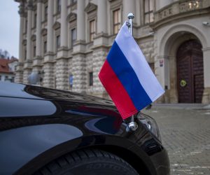 epa09142042 A car of Russian ambassador to Czech Republic stand in front of Czech Foreign Ministry in Prague, Czech Republic, 17 April 2021. According to the findings of the Czech security forces, there is reasonable suspicion that members of the Russian secret service GRU were involved in the explosion of the ammunition complex in Vrbetice in 2014, said Prime Minister Babis. Foreign Minister Jan Hamacek expelled all diplomats who were identified as members of the Russian secret services GRU and SVR. In all 18 people. They have 48 hours to leave the Czech Republic.  EPA/MARTIN DIVISEK