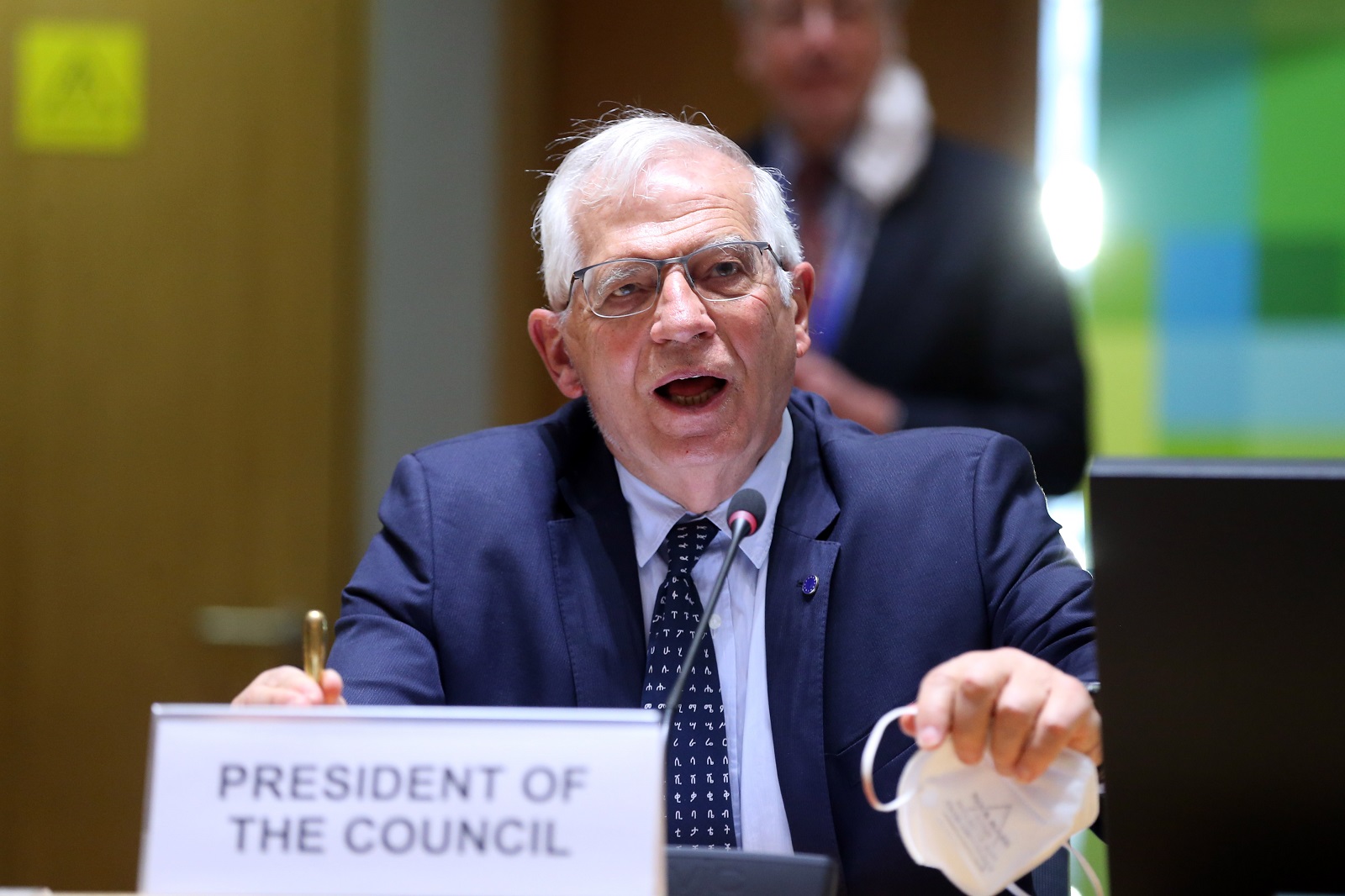 epa09144667 High Representative of the Union for Foreign Affairs and Security Policy Josep Borrell attends a meeting via video with European Foreign Affairs Ministers to discuss the situation in Ukraine, at the European Council in Brussels, Belgium, 19 April 2021.  EPA/FRANCOIS WALSCHAERTS / POOL