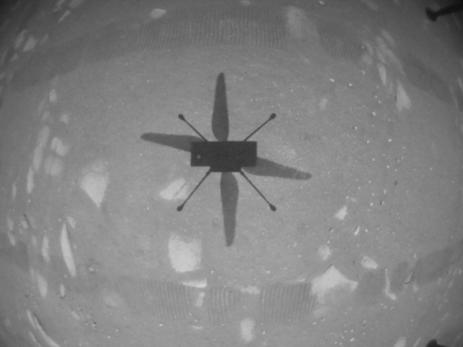 epa09145043 A handout image provided by NASA shows the shadow of the Ingenuity Mars Helicopter during its first test flight on Mars, 19 April 2021. According to NASA, Ingenuity has successfully peformed a short flight on Mars, the first ever helicopter flight on another planet. A key objective for NASA's Perseverance's Rover mission on Mars is astrobiology, including the search for signs of ancient microbial life.  EPA/NASA/JPL-Caltech/HANDOUT  HANDOUT EDITORIAL USE ONLY/NO SALES