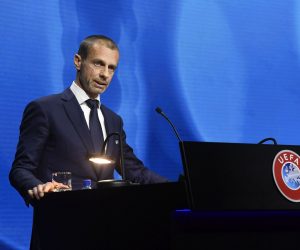 epa09146628 A handout photo made available by the UEFA of UEFA President Aleksander Ceferin speaking at the 45th Ordinary UEFA Congress in Montreux, Switzerland, 20 April 2021.  EPA/Richard Juilliart / UEFA HANDOUT  HANDOUT EDITORIAL USE ONLY/NO SALES