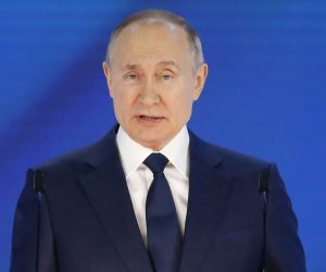 epa09149020 Russian President Vladimir Putin delivers his annual address to the Federal Assembly at the Manezh Central Exhibition Hall in Moscow, Russia, 21 April 2021. About 1,100 people including lawmakers of Russia's two-chamber parliament, Government members, heads of the Constitutional and Supreme courts, and regional governors, were invited to attend the event. About 435 Russian and foreign journalists were accredited to cover the event.  EPA/ALEXANDER ZEMLIANICHENKO / POOL