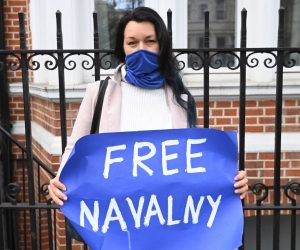epa09150833 Supporters of Russian opposition leader Alexei Navalny attend a demonstration organized by the group 'Art of Rebel' outside the Russian embassy in London, Britain, 21 April 2021. Rallies supporting Navalny take place in several cities in Europe. Russian opposition leader Alexei Navalny has been transferred from the penal colony No. 2 (IK-2) in Pokrov, Vladimir region, to the regional prison hospital in IK-3 in Vladimir for receiving vitamin therapy. The decision was taken amid Navalny's hunger strike and announced by his team members fearing for his life.  EPA/FACUNDO ARRIZABALAGA