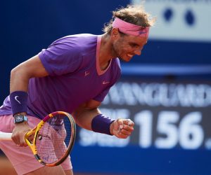 epa09153215 Spanish tennis player Rafael Nadal reacts during his third round match against Japanese tennis player Kei Nishikori at the Barcelona Open Banc Sabadell - Conde de Godo tennis tournament in Barcelona, Spain, 22 April 2021.  EPA/Alejandro Garcia