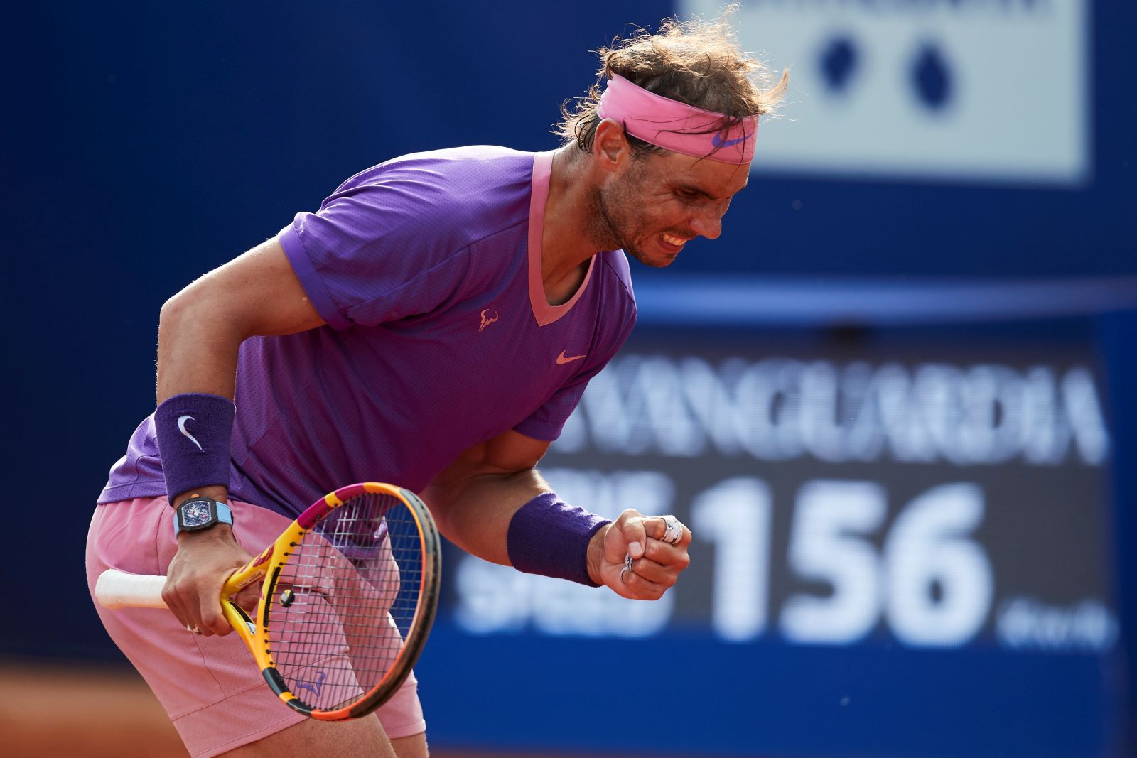 epa09153215 Spanish tennis player Rafael Nadal reacts during his third round match against Japanese tennis player Kei Nishikori at the Barcelona Open Banc Sabadell - Conde de Godo tennis tournament in Barcelona, Spain, 22 April 2021.  EPA/Alejandro Garcia