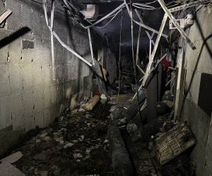 epa09157829 Aftermath of a fire at Ibn Al-Khatib Hospital, south of Baghdad, Iraq, 25 April 2021. At least 27 people died and dozens were injured when a fire broke out following the explosion of oxygen tanks at the hospital equipped to treat COVID-19 patients on 24 April.  EPA/MURTAJA LATEEF