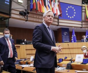 epa09162886 Head of the Task Force for Relations with the UK, Michel Barnier attends a debate on EU-UK trade and cooperation agreement during the second day of a plenary session at the European Parliament in Brussels, Belgium, 27 April 2021.  EPA/OLIVIER HOSLET / POOL