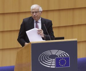 epa09165324 European High Representative of the Union for Foreign Affairs Josep Borrell attends debate on Russia,  the case of Alexei Navalny, military build-up on Ukraine's border and Russian attacks in the Czech Republic during a plenary session of the European Parliament in Brussels, Belgium, 28 April 2021.  EPA/OLIVIER HOSLET