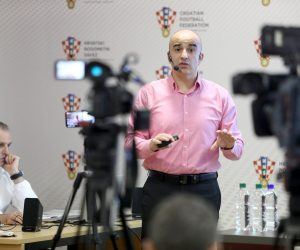 08.01.2020., Zagreb -U Nogometnoj akademiji HNS-a odrzana je edukacija o VAR tehnologiji koja ce se koristiti od prvog kola nastavka prvenstva Prve HNL. Na prezentaciji su govoriti Marijan Kustic, Ante Kulusic, Domagoj Vuckov i Bruno Maric. 
Photo: Patrik Macek/PIXSELL