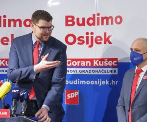 12.02.2021., Osijek - Predstavljanje kandidata SDP-a Gorana Kuseca za novog gradonacelnika Osijeka na lokalnim izborima 2021. godine. Novog kandidata predstavili su Pedja Grbin, Boris Pilizota, Biljana Borzan. Photo: Dubravka Petric/PIXSELL