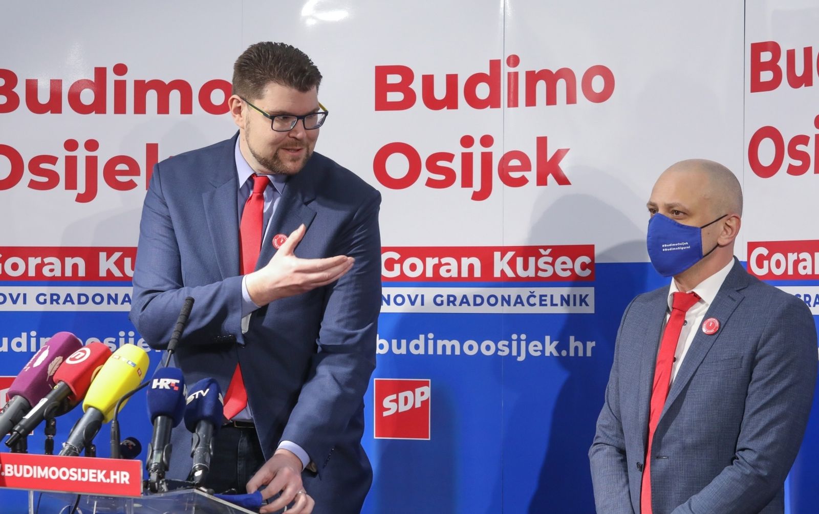 12.02.2021., Osijek - Predstavljanje kandidata SDP-a Gorana Kuseca za novog gradonacelnika Osijeka na lokalnim izborima 2021. godine. Novog kandidata predstavili su Pedja Grbin, Boris Pilizota, Biljana Borzan. Photo: Dubravka Petric/PIXSELL