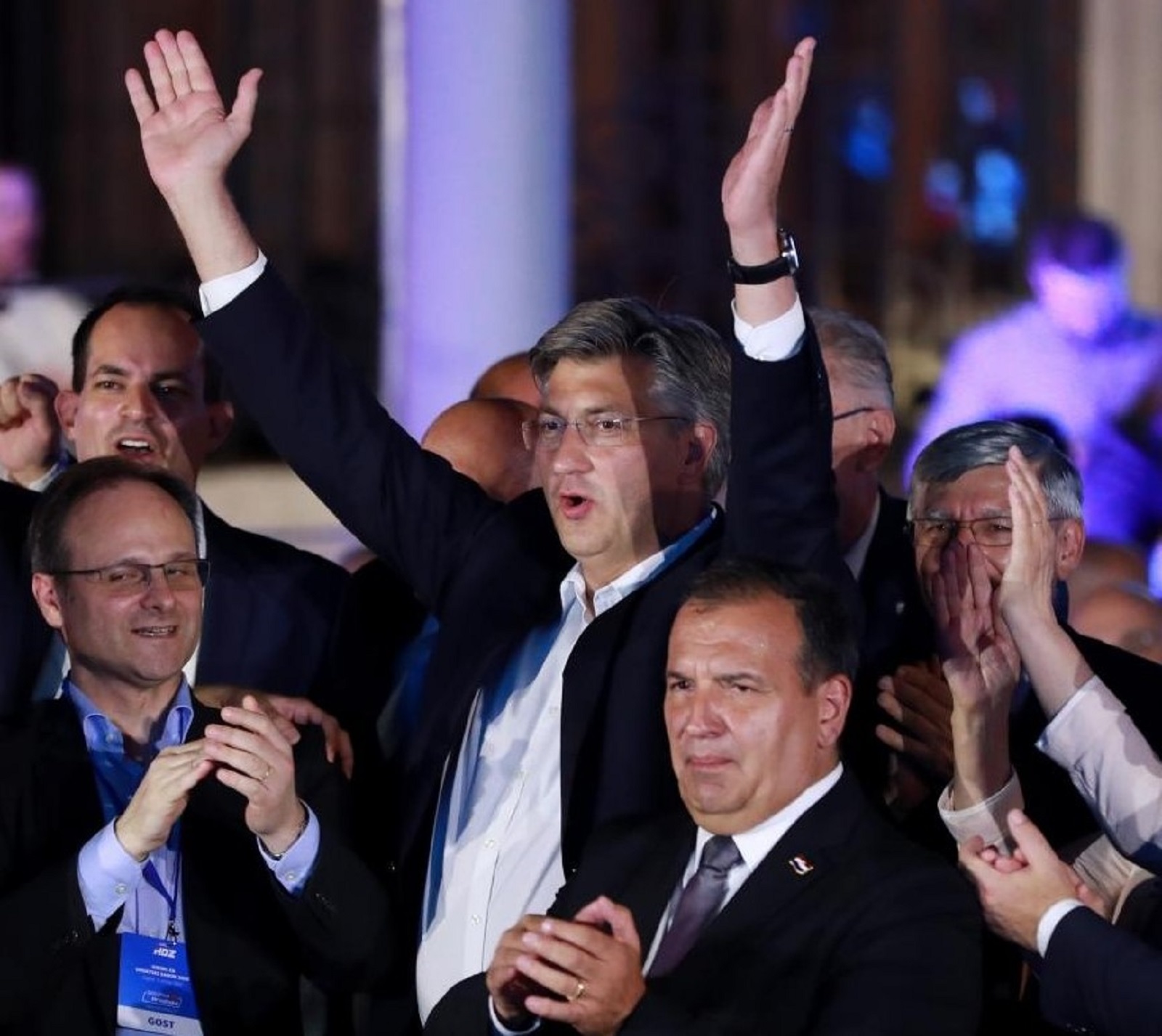 05.07.2020., Zagreb - Docek izbornih rezultata u stozeru HDZ-a u Arheoloskom muzeju. Andrej Plenkovic slavi u drustvu Gordana Jandrokovica, Tome Medveda i Vilija Berosa.
Photo: Sanjin Strukic/PIXSELL
