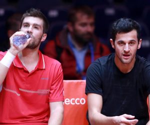 Lille: Reprezentacija Hrvatske na treningu spremna za finale Davis Cupa 21.11.2018., Francuska, Lille - Finale Davis cup-a. Francuska - Hrvatska, stadion Pierre-Mauroy. Trening hrvatske reprezentacije uoci finalnog dvoboja. Nikola Mektic, Mate Pavic,  Photo: Sanjin Strukic/PIXSELL